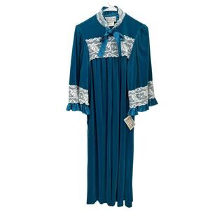 NWT Vintage Gilligan & O’Malley Robe Housecoat Teal Velour Lace Trim Size Small